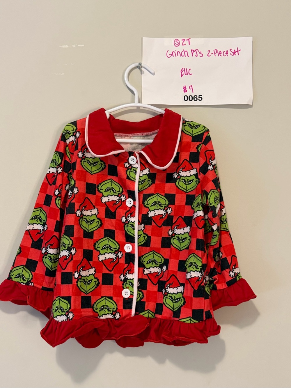 Girls Grinch Red Plaid Ruffle Button Pajama Set